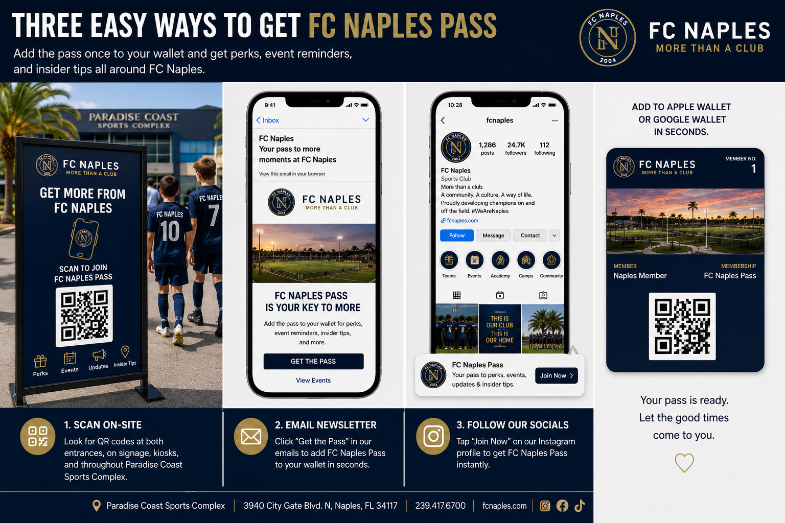 Three easy ways to get the FC Naples Pass — scan on-site, club email, or Instagram